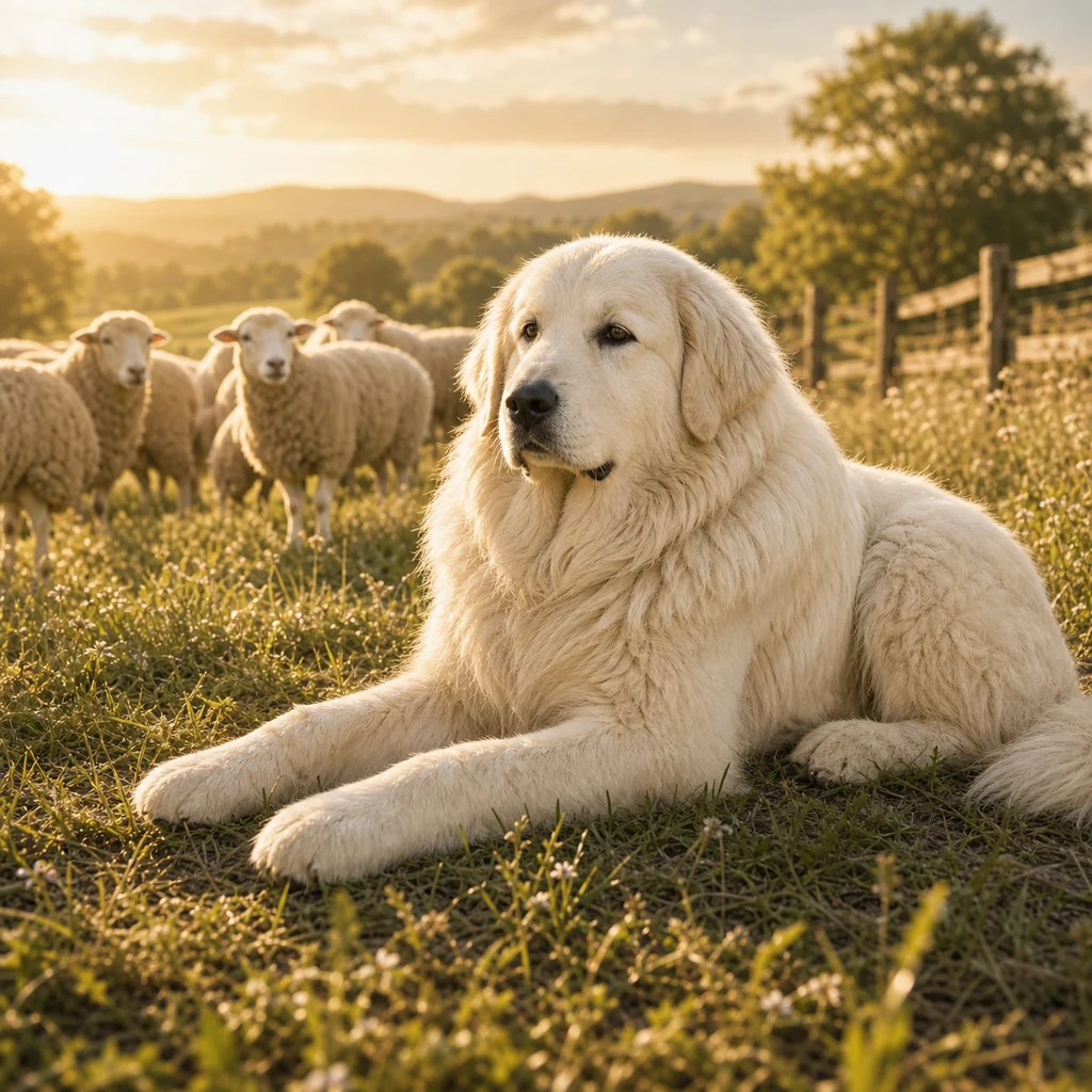 A Great Pyrenees livestock guardian dog resting calmly near sheep at sunset.