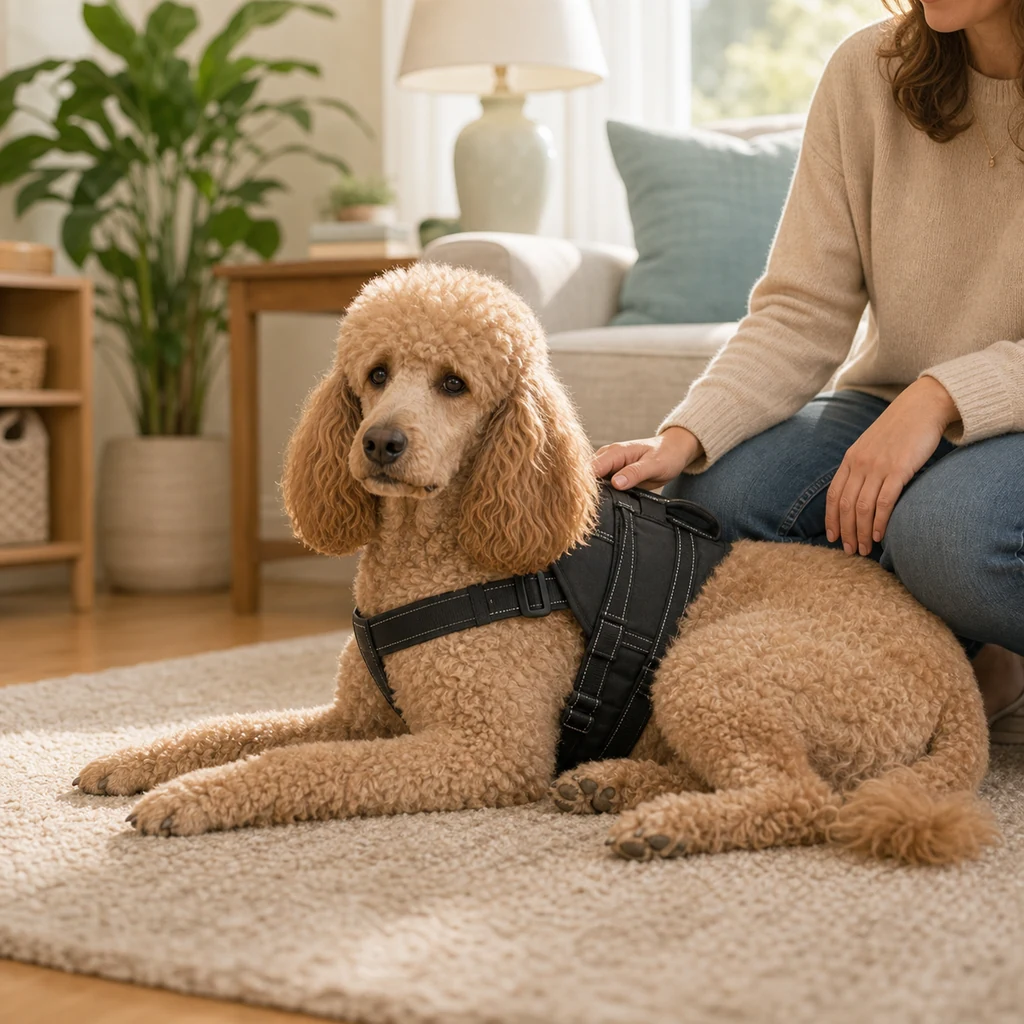 A Standard Poodle medical alert dog resting attentively beside a handler at home.