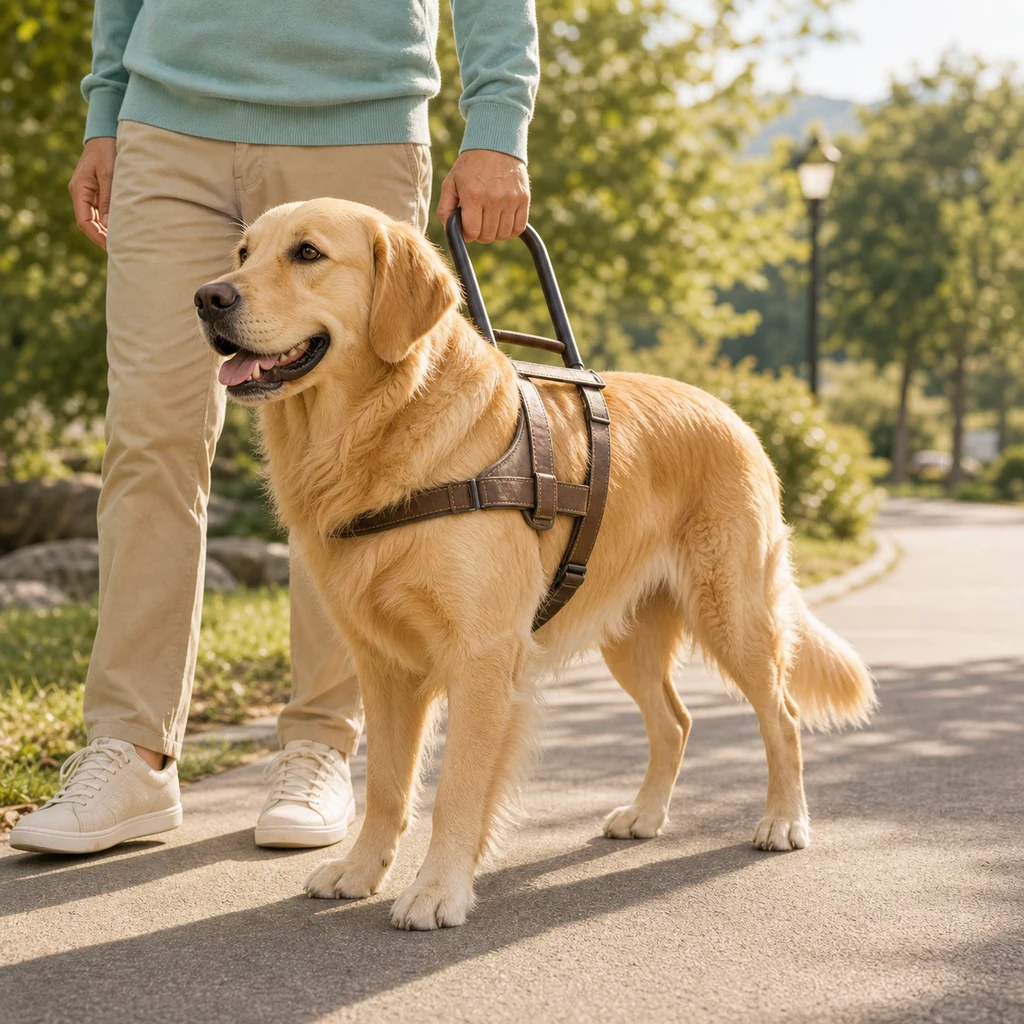 A Golden Retriever mobility assistance dog standing calmly beside a handler near a park path.