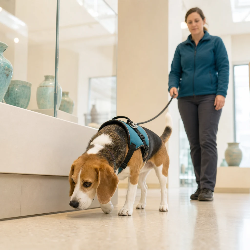 A Beagle museum dog sniffing carefully near a display room with a handler.