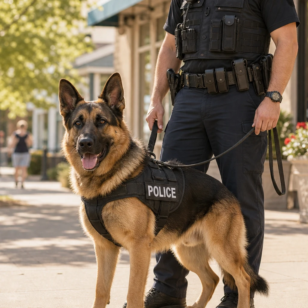 A Belgian Malinois police dog standing calmly beside a handler in a community setting.