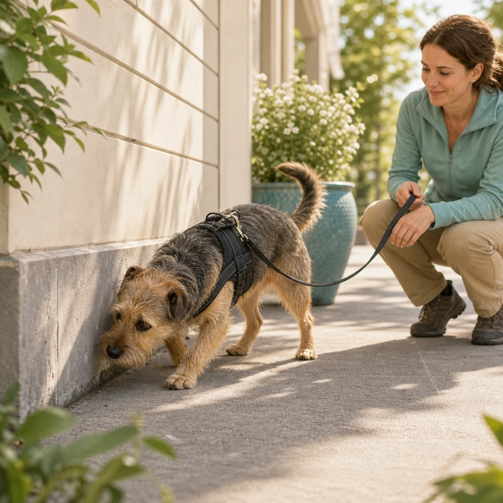A small terrier detection dog sniffing near a building edge with a handler.