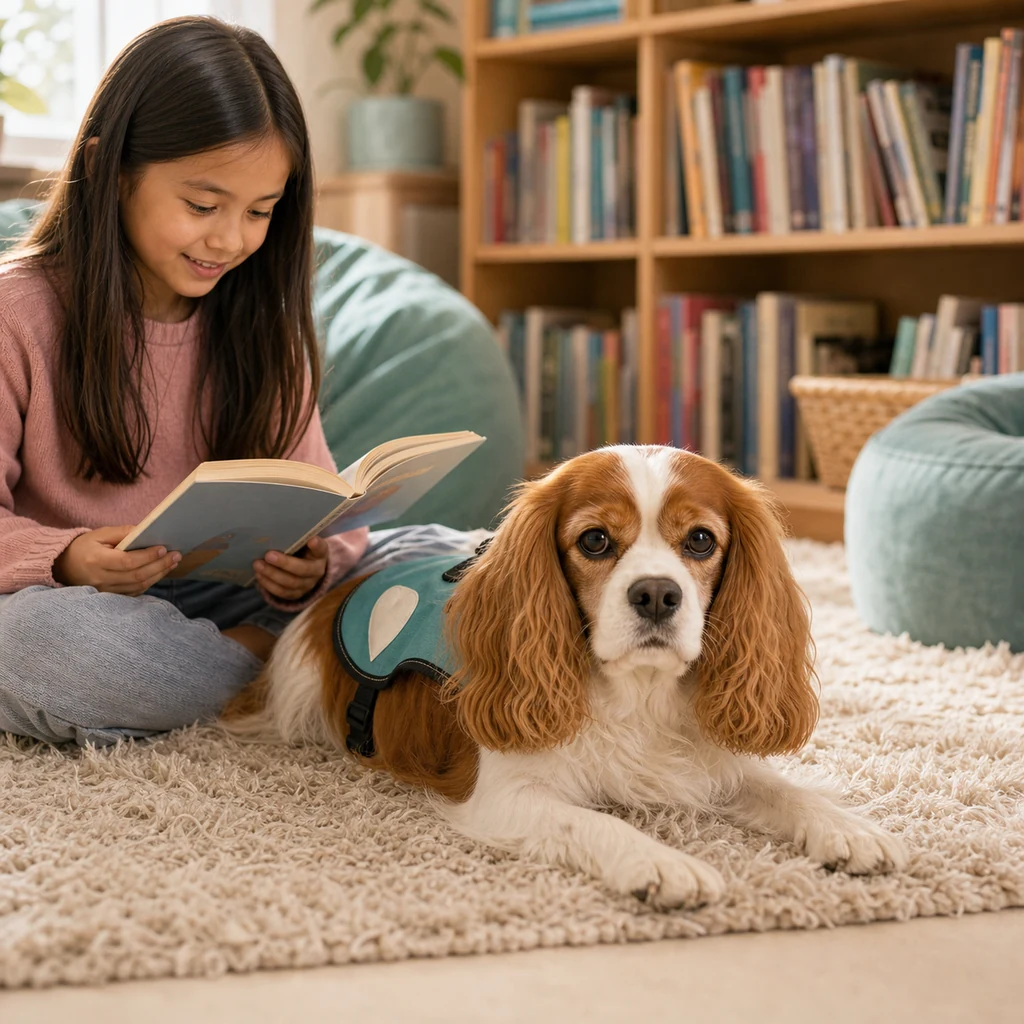 A Cavalier King Charles Spaniel listening while a child reads a book.