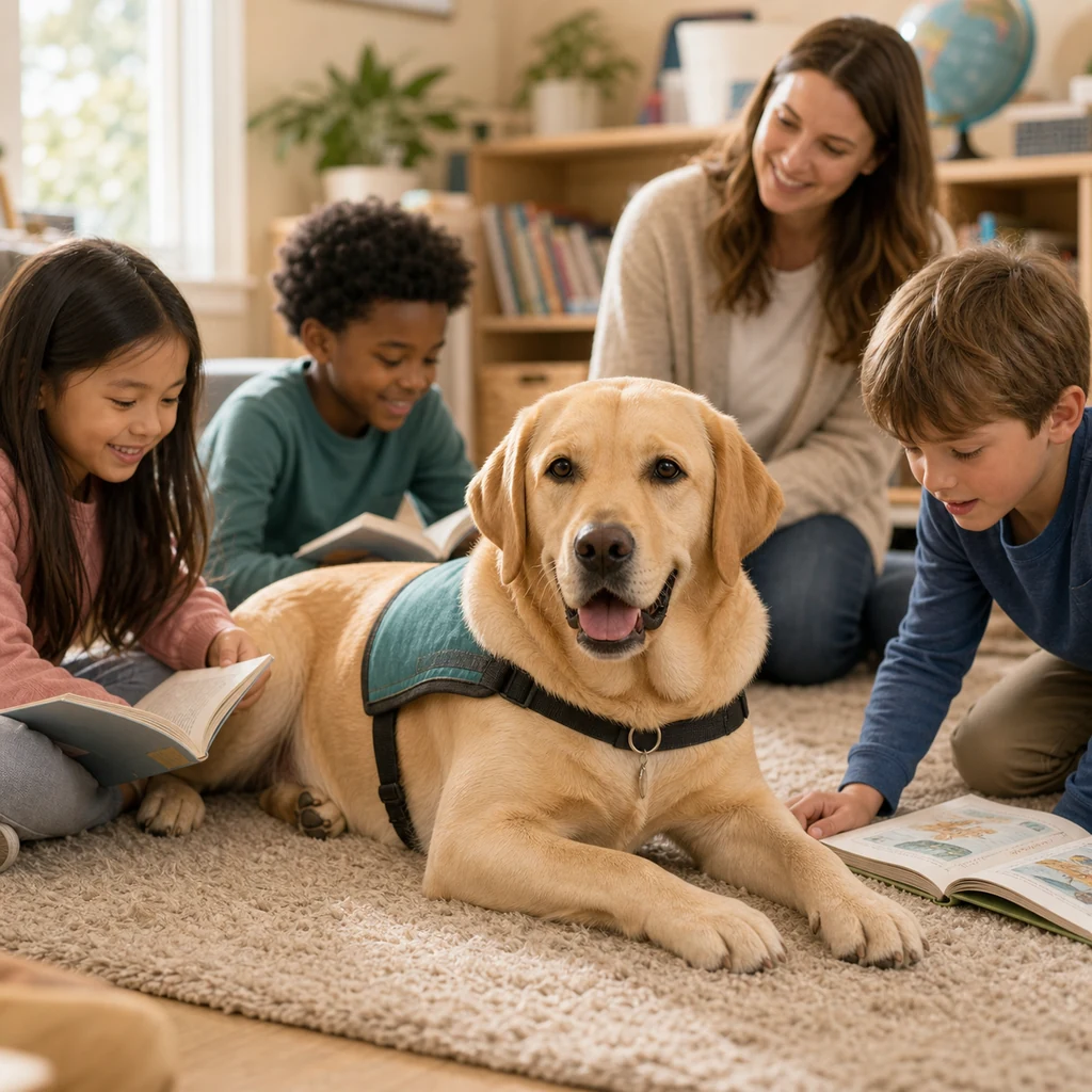 A Labrador school dog resting calmly in a bright classroom reading corner.