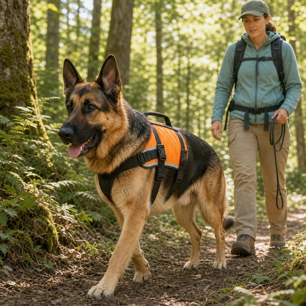 A German Shepherd search and rescue dog working calmly with a handler on a forest trail.