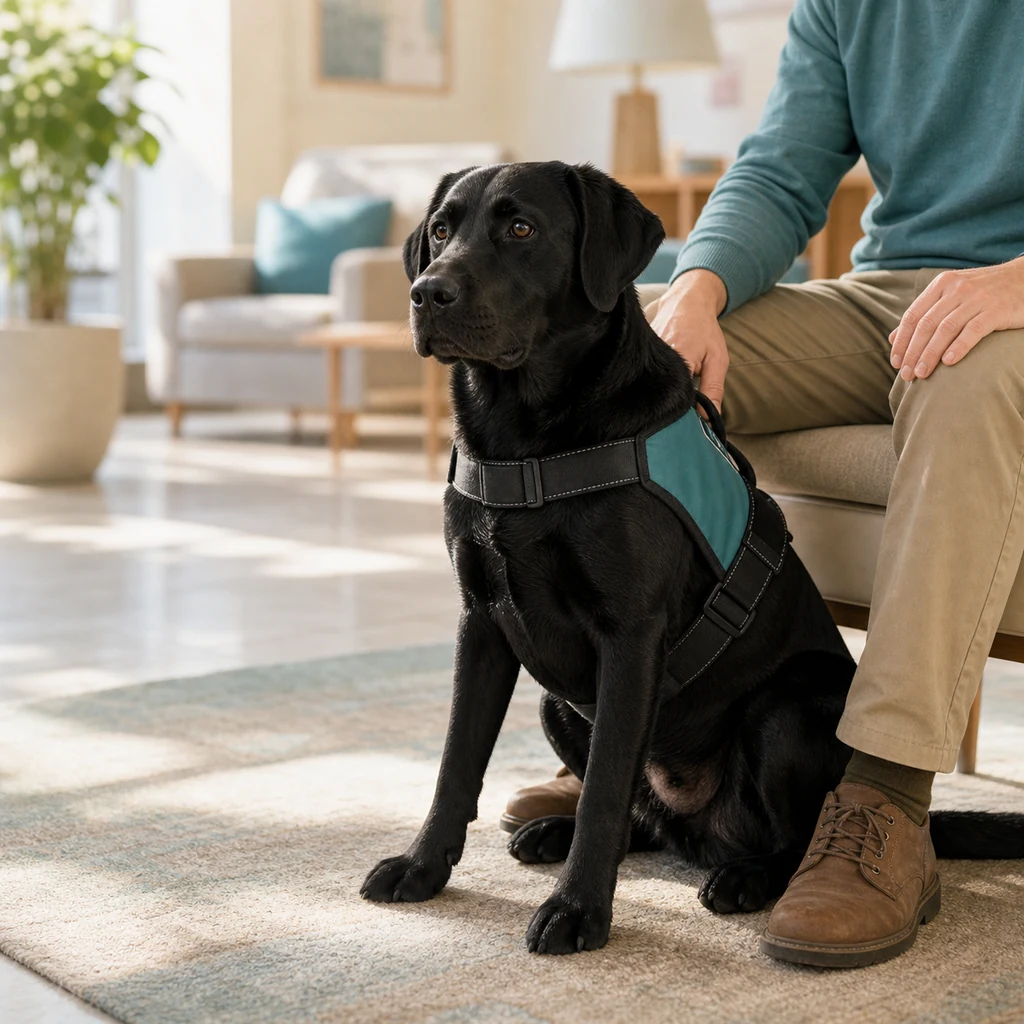 A black Labrador service dog sitting calmly beside a handler in a bright everyday space.
