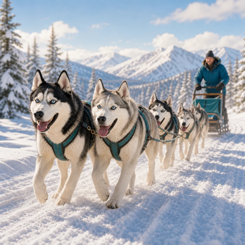 A Siberian Husky sled dog team moving happily along a snowy trail.
