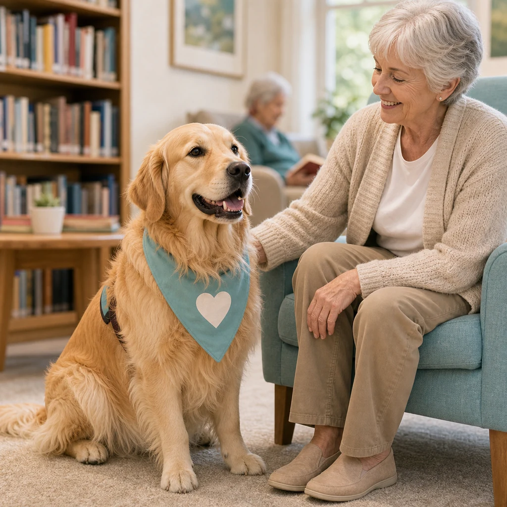 A Golden Retriever therapy dog sitting calmly beside a smiling person in a cozy room.