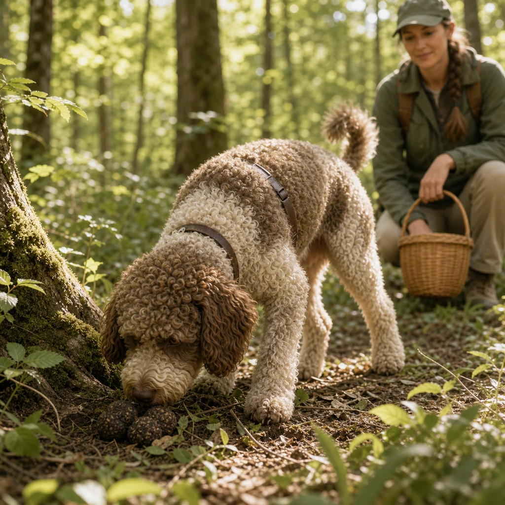 A Lagotto Romagnolo truffle dog sniffing gently near trees in a forest.