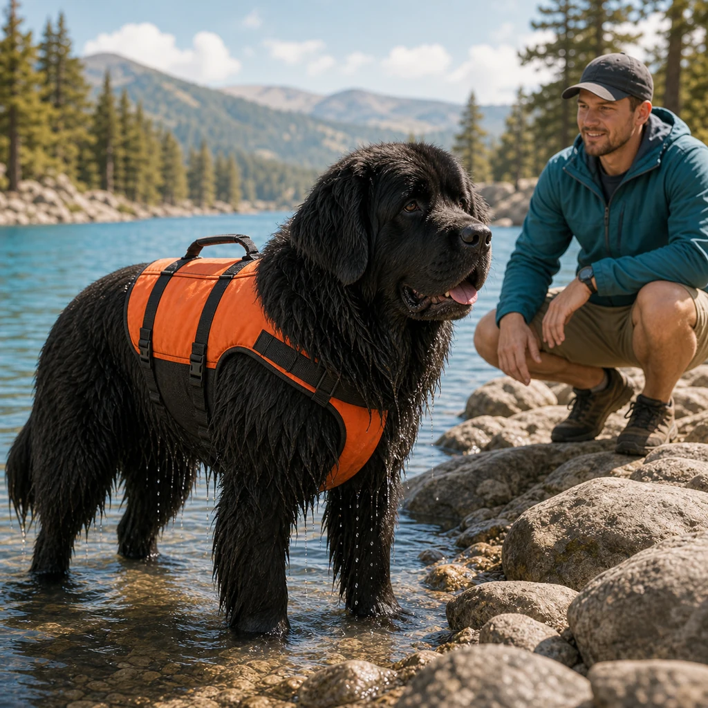 A Newfoundland water rescue dog wearing a bright life vest near a calm lake.